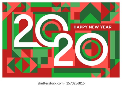 2020 number on abstract geometric background. Happy new year greeting card in christmas colors: red and green. New year horizontal banner. Eps10.
