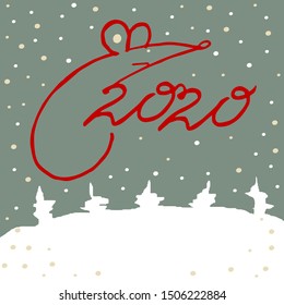 2020 number on a winter snowy background with abstract christmas trees. The contours of the mice. Vector illustration for new year design.