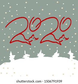 2020 number on a winter snowy background with abstract christmas trees. The contours of the mice. Vector illustration for new year design.