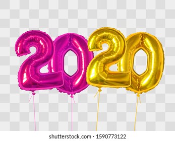 2020 number of purple and gold foiled balloons isolated on transparent background. Happy new year 2020 holiday. Realistic 3d vector illustration