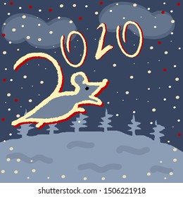 2020 number and rat on a winter snowy background. The contours of the mice. Vector illustration for new year design.