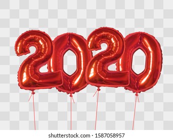 2020 number of red foiled balloons isolated on transparent background. Happy new year 2020 holiday. Realistic 3d vector illustration