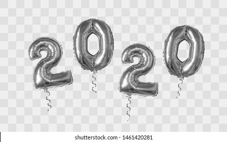 2020 number of silver foiled balloons isolated on transparent background. Happy new year 2020 holiday. Realistic 3d vector illustration