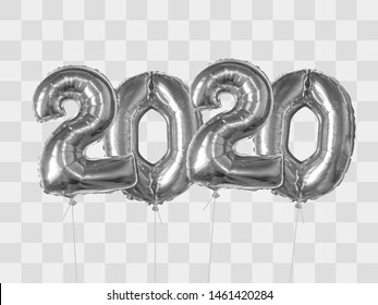 2020 number of silver foiled balloons isolated on transparent background. Happy new year 2020 holiday. Realistic 3d vector illustration