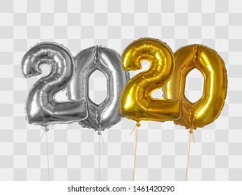 2020 number of silver and gold foiled balloons isolated on transparent background. Happy new year 2020 holiday. Realistic 3d vector illustration