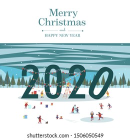 2020. Number Twenty. inscription Merry Christmas and happy new year. Winter scene, panorama with people, gifts, garlands. Families, children make snowman, skate and sled, walk with dog.