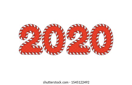 2020 numbers with a border. Red and white twisted cord and graceful ornament. Imitation of embroidered silk fabric texture.