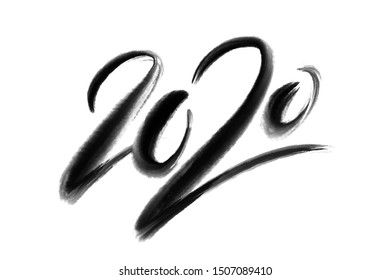 2020 numbers by ink brush. Hand drawn creative calligraphy and brush pen lettering, design for holiday greeting cards and invitations.