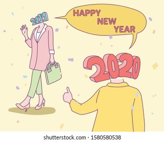 2020 numbers face on human body. Anthropomorphic concept. The number 2020 is saying goodbye to number 2019. hand drawn style vector design illustrations. 