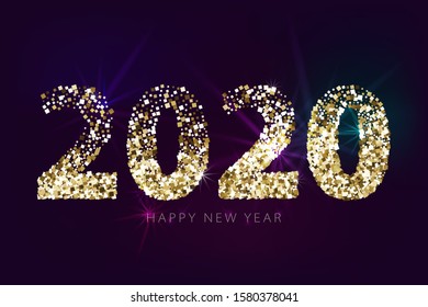 2020 numbers with golden glitter on dark background. New year banner with light effects. Design for holiday greeting cards and invitations.