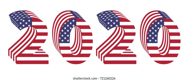 2020 numbers new year isolated on white background. Letters from 3d american flag textured wrapped. Volume USA vector font vector illustration.