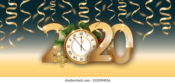 2020 numbers New year poster with golden clock and ribbons decorated branches Christmas tree and snowflake. Design elements for a flyer, sale, party etc. Vector illustration.