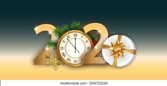 2020 numbers New year poster with golden clock and gift box decorated branches Christmas tree and snowflake. Dynamic design elements for a flyer, sale, party etc. Vector illustration.