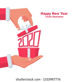 2020. Numbers red. Vector illustration flat design. Isolated on white background. Gift from Santa Claus. Santa Claus holding red gift box in hand, shows open gift. Merry Christmas.