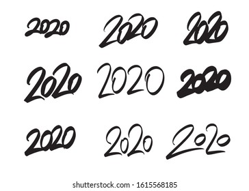 2020 numbers vector. New year hand lettering signs, Set of holiday calligraphy illustration numbers.