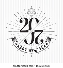2020 Numerals Logo Cut with Zeroes Making Partial Mobius Loop and Happy New Year Greetings Lettering over circular Rays - Black on Light Background - Vector Contrast Graphic Design