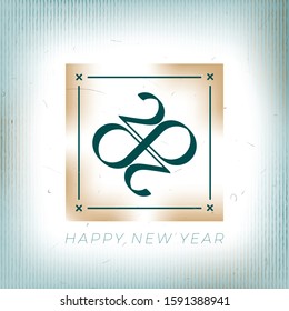 2020 Numerals Old Film Style Rhombus Shape Logo with Zeroes Making Mobius Loop Happy New Year Greetings Creative Concept - Gold on Striped Background - Vector Mixed Graphic Design