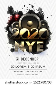 2020 NYE (New Year Eve) template or flyer design with woofer and black splash effect on white wavy pattern background.