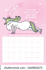 2020 October calendar with calligraphy phrase and unicorn doodle: "I'm so glad
I live in a world where there are Octobers." Desk calendar, planner design, week starts on sunday.