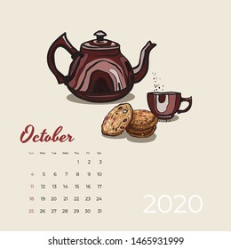 2020 October calendar food, tea art vector. Tea party sketched calendar. October page brown teapot, cup, oat cookies hand drawn vector illustration for tea, coffee shop, restaurant 10, 2020 template.