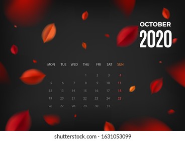 2020 October calendar template. Vector colorful design