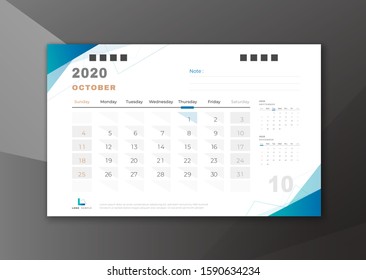 2020 October desk calendar white blue theme with blank lines for taking note
