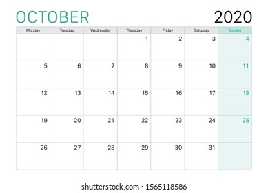 2020 October Illustration Vector Desk Calendar Weeks Start On Monday Green And White Theme