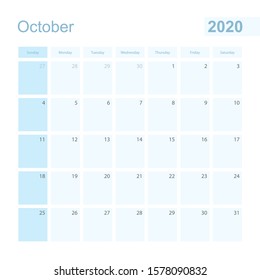 2020 October wall planner in blue color, week starts on Sunday. Calendar for October 2020 with day of previous and next month.