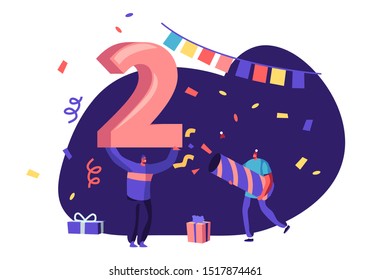 2020 Office or Home Party Celebration Concept. Joyful Characters in Funny Hats Celebrating New Year. Man Holding Huge Number Two above Head, Friend Shoot with Flapper. Cartoon Flat Vector Illustration