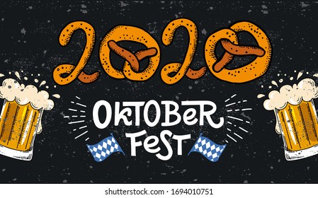 2020 Oktoberfest banner. Vector flat color illustration for German beer festival in Munich. Hand Drawn Lettering with picture of beer mug with foam, pretzel and Bavarian flag. Cracks can be removed