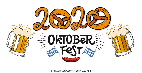 2020 Oktoberfest banner. Vector flat color illustration for German beer festival in Munich. Hand Drawn Lettering with picture of beer mug with foam, pretzel, grill sausage and Bavarian flag. 