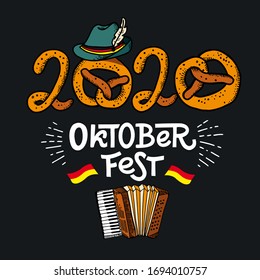 2020 Oktoberfest. Vector flat color illustration for German beer festival in Munich. Hand Drawn Lettering with accordion with tyrolean hat, pretzel and german flag. Cracks can be removed