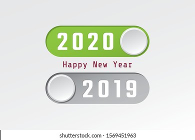 2020 On and 2019 Off Toggle Switch Buton Style Rectangle Numerals Logo and Happy New Year Lettering Greetings Creative Concept - Multicolor on Light Background - Vector Mixed Graphic Design