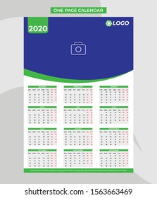 2020 one page calendar. 2020 wall calendar 1 page. Simple elegant design. Print ready file.