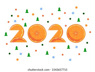2020 of orange slices. New Year. Confetti, Christmas trees, snowflakes. Isolated objects on a white background. Image for your decor and design. Postcard.