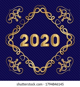 2020 in ornament gold frame on blue background design, Welcome celebrate greeting card happy decorative and celebration theme Vector illustration