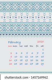2020 Page of Calendar planner with ethnic cross-stitch ornament Week starts on Sunday February month Collection of Balto-Slavic ornaments Vector illustration.