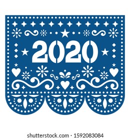 2020 Papel Picado vector design - Mexican style New Year greeting card in color of the year - Classic Blue. Traditional ornamental banner form Mexico with flowers and abstract shapes, New Year's 