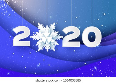 2020 Paper New Year sign on winter blue holiday layered background. Merry Christmas. SnowFlake. Vector