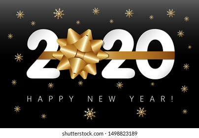 2020 paper numbers and gold bow-knot, Happy New Year, black background. Merry Christmas vector illustration, number 20, greeting text and golden snowflakes. Abstract isolated graphic design template.