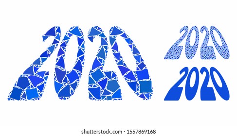 2020 perspective text mosaic of irregular pieces in different sizes and color hues, based on 2020 perspective text icon. Vector raggy pieces are united into mosaic.