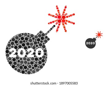 2020 petard mosaic of round dots in various sizes and color tinges. Vector dots are combined into 2020 petard mosaic. 2020 petard isolated on a white background.