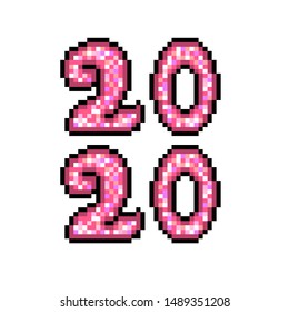 2020, pink sparkling 8 bit pixel art Happy New Year print isolated on white background. Winter holiday greeting card. Old school vintage retro slot machine/video game graphics.