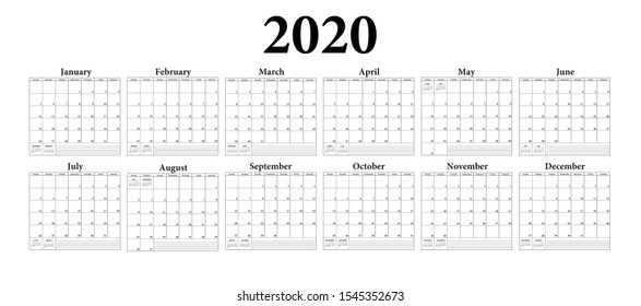 2020 -planning calendar. Weeks start on Sunday.