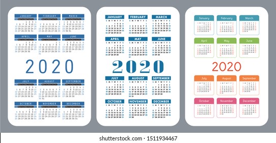 2020 pocket calendar set. Vector design collection. Color English calender. Basic grid template for print. Week starts on Sunday