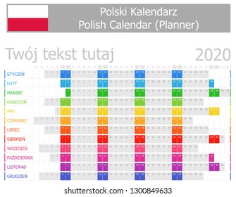 2020 Polish Planner Calendar with Horizontal Months on white background