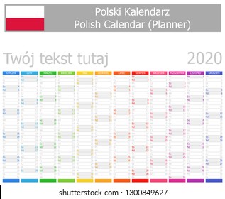 2020 Polish Planner Calendar with Vertical Months on white background