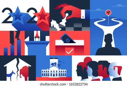 2020 politics illustration for special presidential event. Modern flat design background includes diverse political campaign ideas and social concepts. 