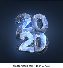 2020 polygonal banner template. Wireframe triangular glowing 3d numbers on blue background low poly illustration. New year congratulating poster, greeting card, postcard design layout