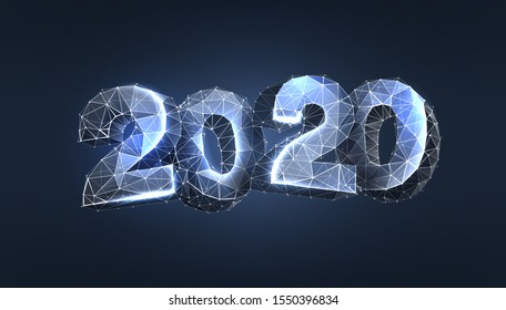 2020 polygonal banner template. Wireframe triangular glowing 3d numbers on blue background low poly illustration. New year congratulating poster, greeting card, postcard design layout